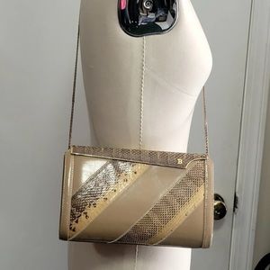 Women's Vintage Snake Skin Bag Beige Leather and Gold Metal